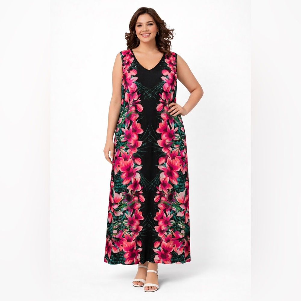 Apt. 9 Woman 1X Tropical Floral Sleeveless Pink and Black Maxi Dress